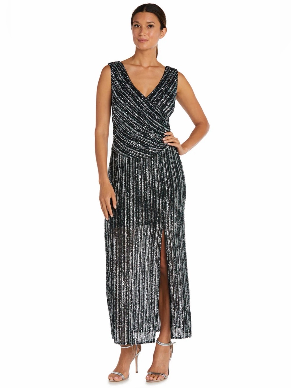 R&M Richards Long Sequin Formal Dress Evening Green Black Silver V-Neck Sz 14